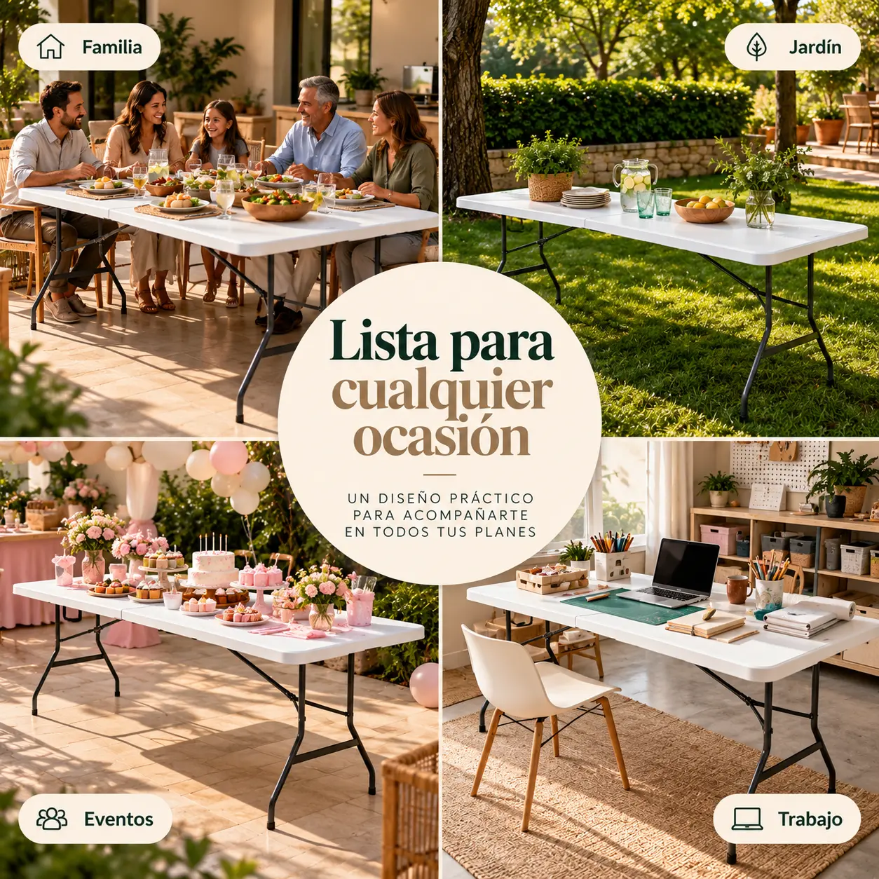 La mesa plegable CASÁLIA en comidas familiares, en el jardín, en eventos y en el trabajo
