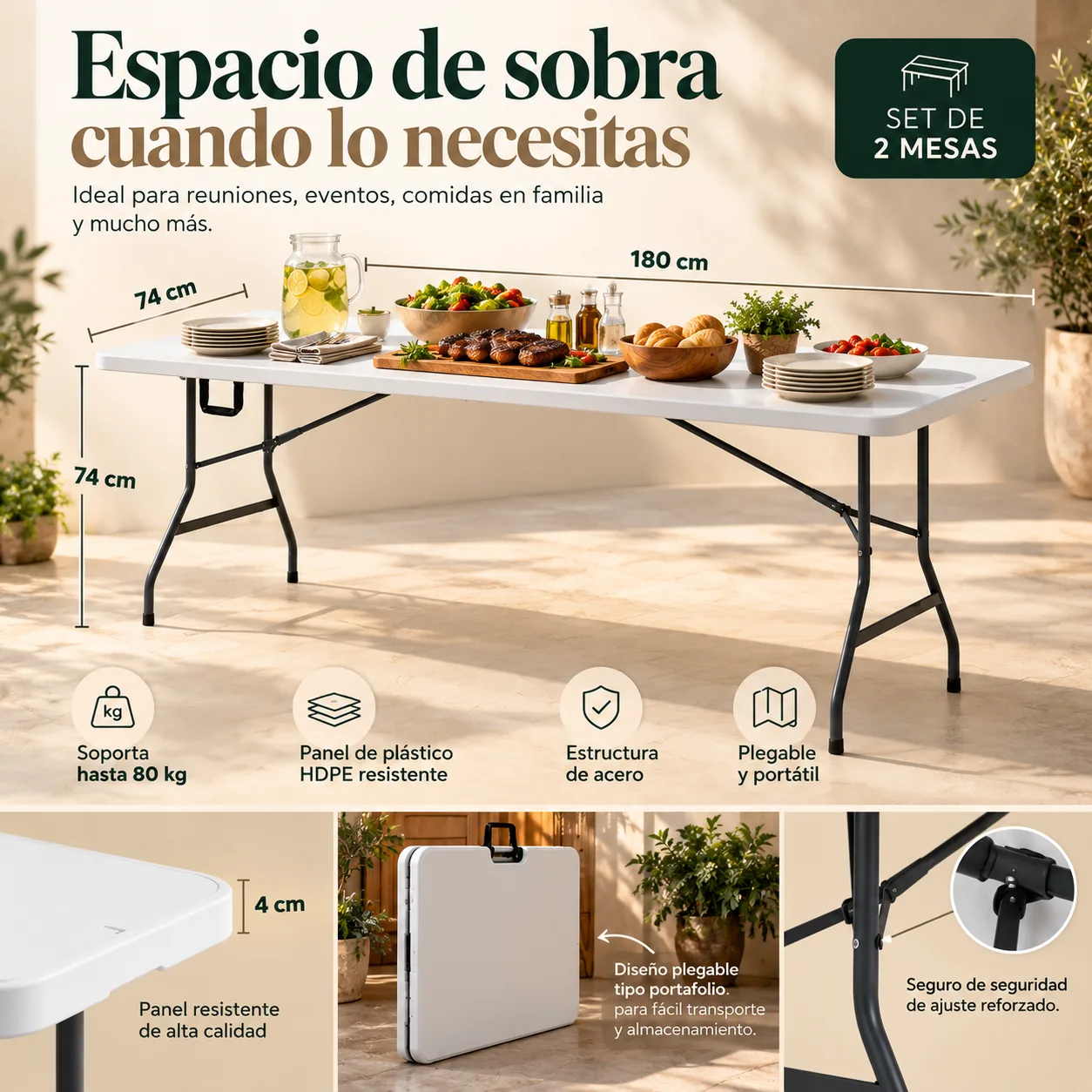 Detalles estructurales de la mesa plegable CASÁLIA: cubierta de HDPE, estructura de acero y medidas