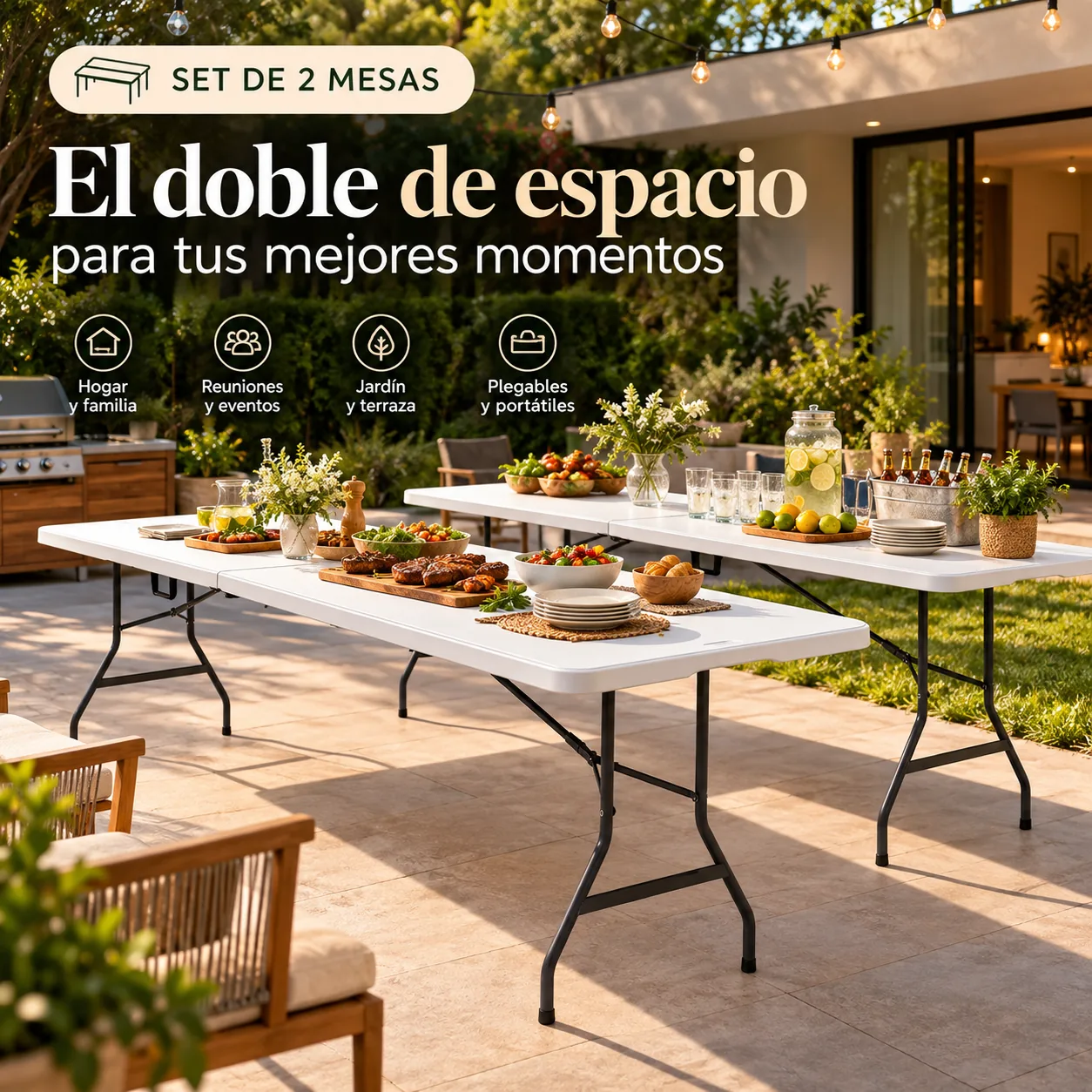 Dos mesas plegables blancas CASÁLIA en una terraza al aire libre