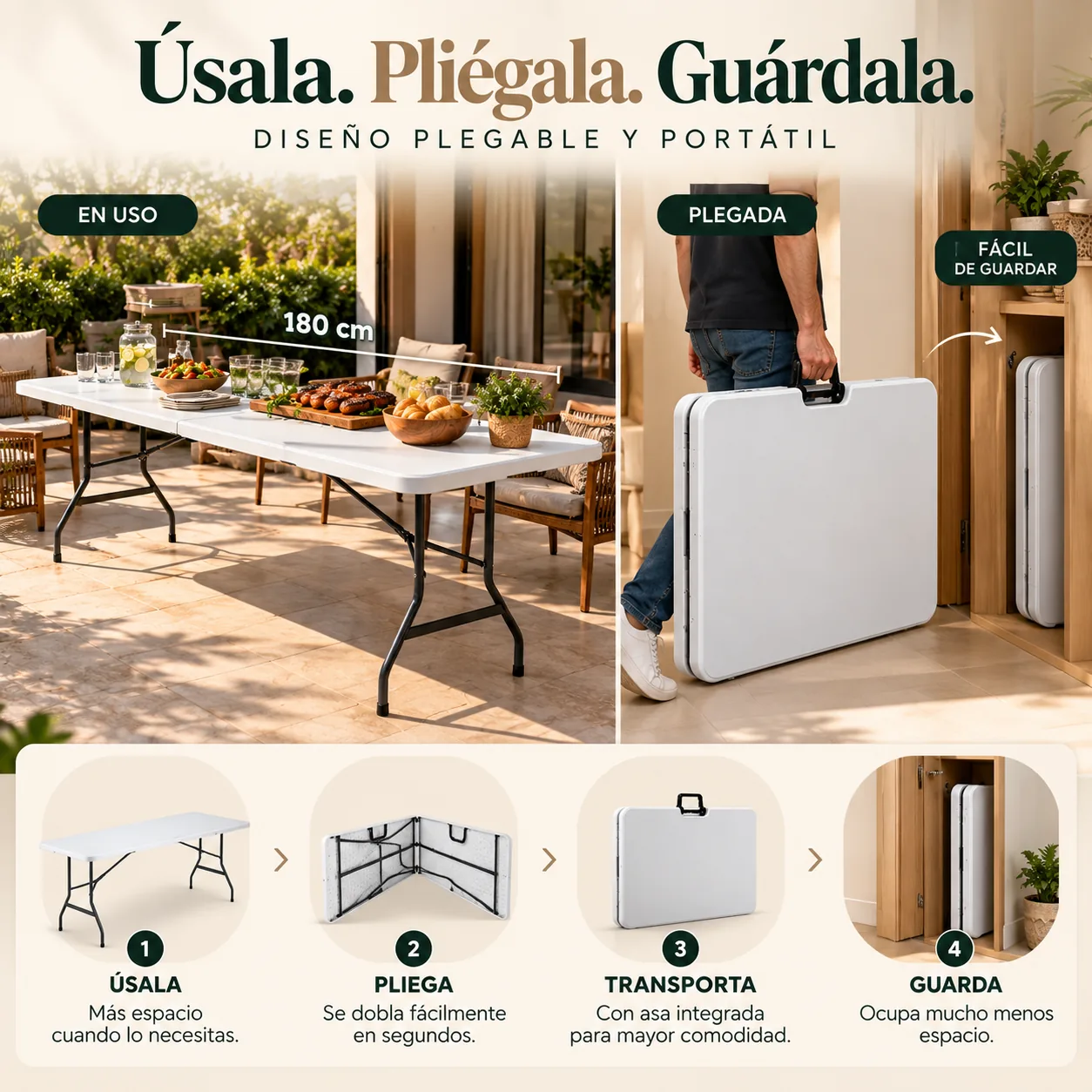 Secuencia de la mesa plegable CASÁLIA: abierta, plegándose y cerrada como maleta